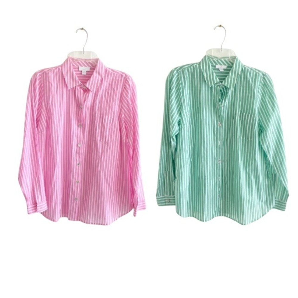 Lot of 2 J. Jill XS Cotton Striped Button Down Shirts Pink Green Long Sleeve